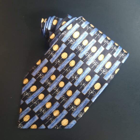 Vintage Bellagio 100% Silk Tie, Blues And Golden Yellow - Picture 13 of 13